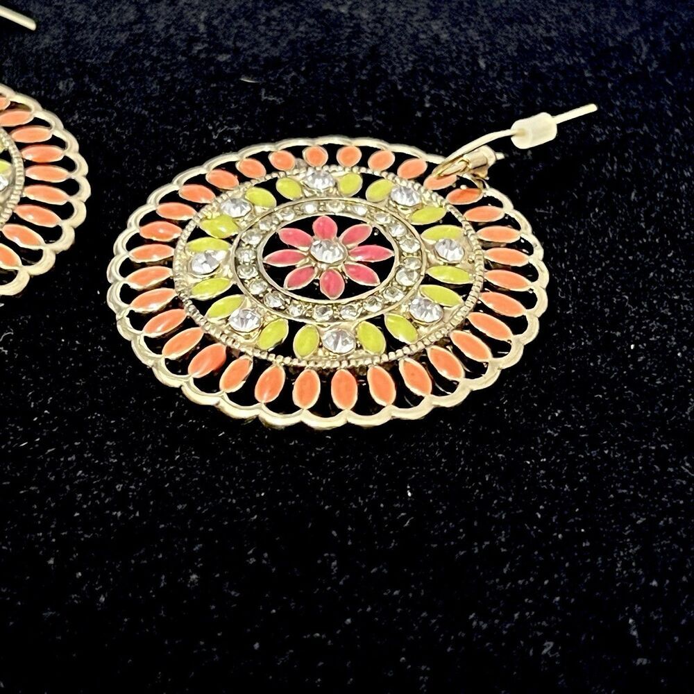 Vintage Dangle Earrings Indian‎ Sunburst Colored Gold Summer Floral Bright - Picture 6 of 6